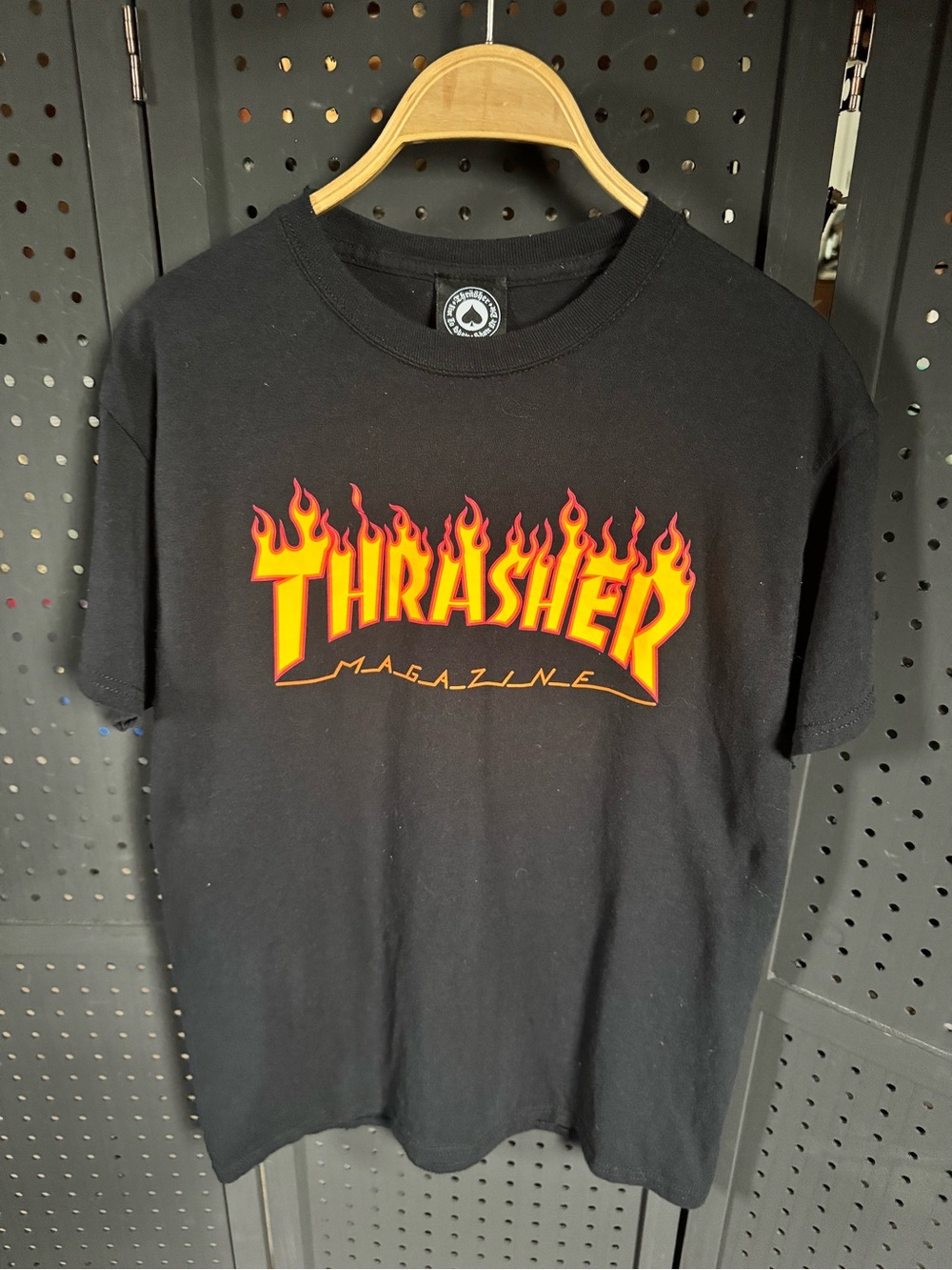 Thrasher Black Tee with Red and Yellow Flame Logo